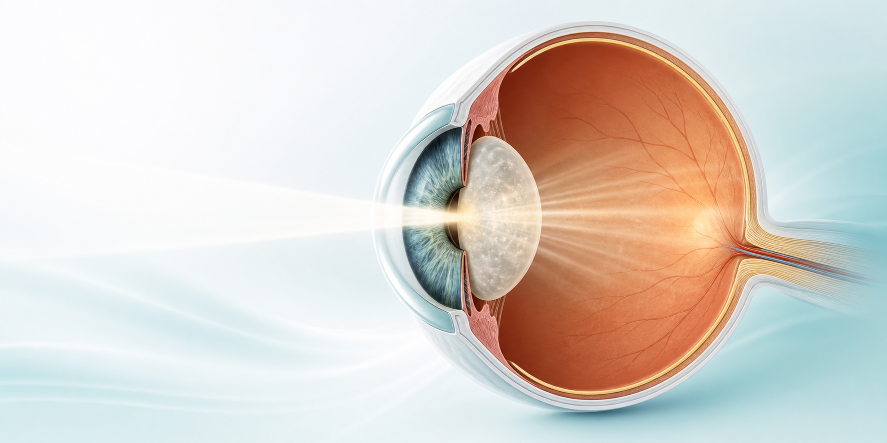 Cross-section illustration of an eye with a cloudy natural lens